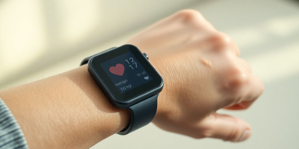 Person's wrist, heart rate monitor, natural light.