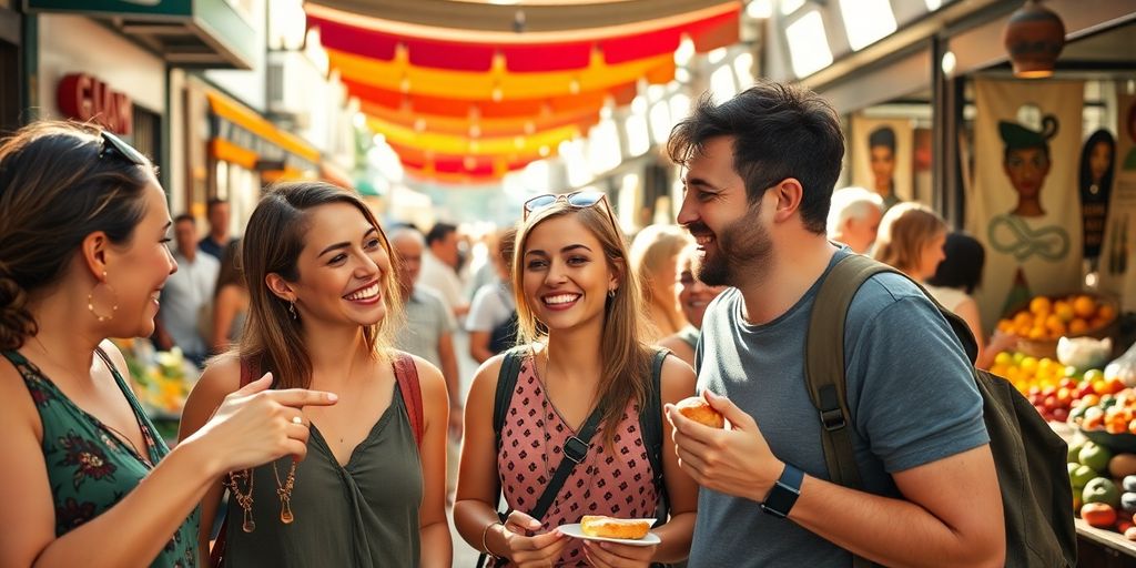 Friends exploring vibrant local market, street food, crafts.