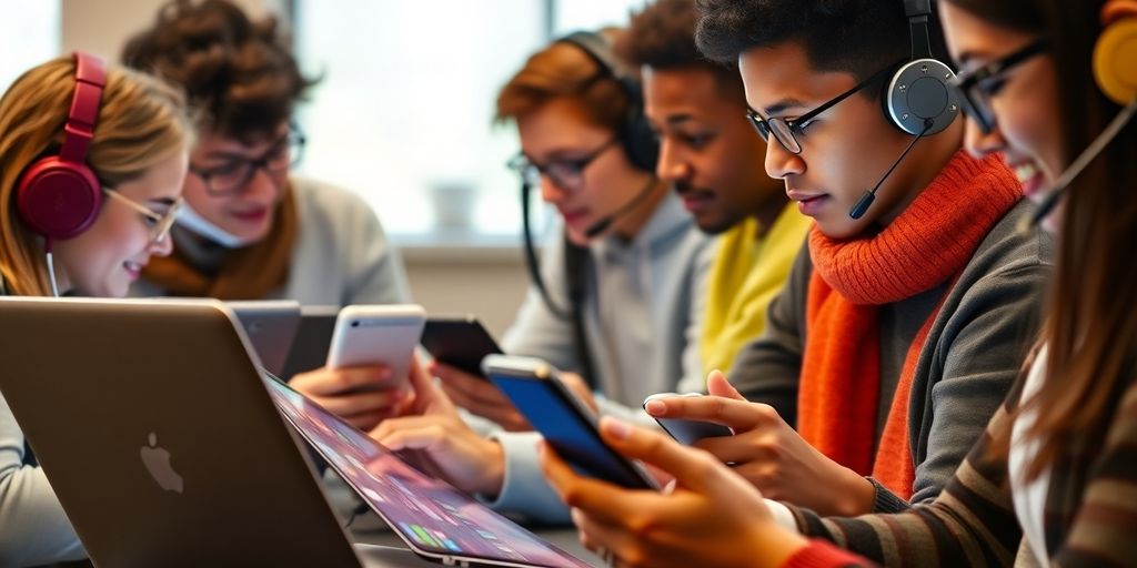 Online language learning, diverse students, digital devices, global connections.