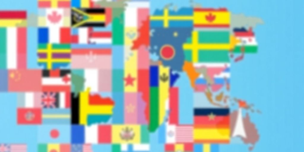 Colorful mosaic of diverse flags, global translation.