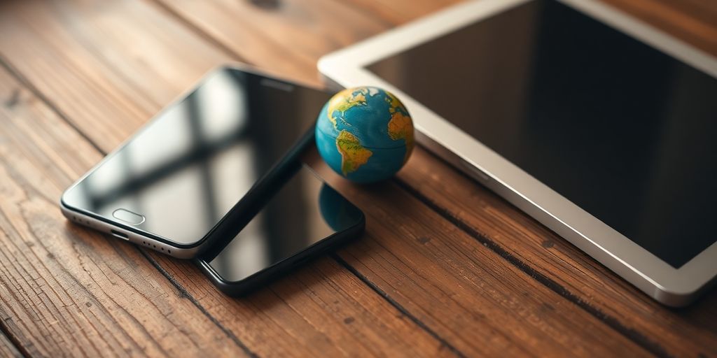 Smartphone, tablet, and globe on a wooden table.