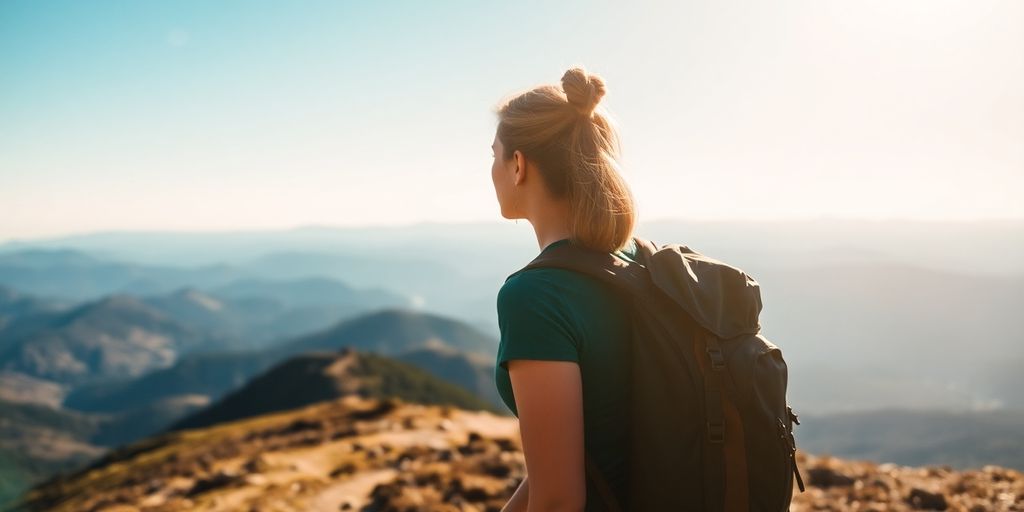 Woman hiking mountain trail alone, scenic view.