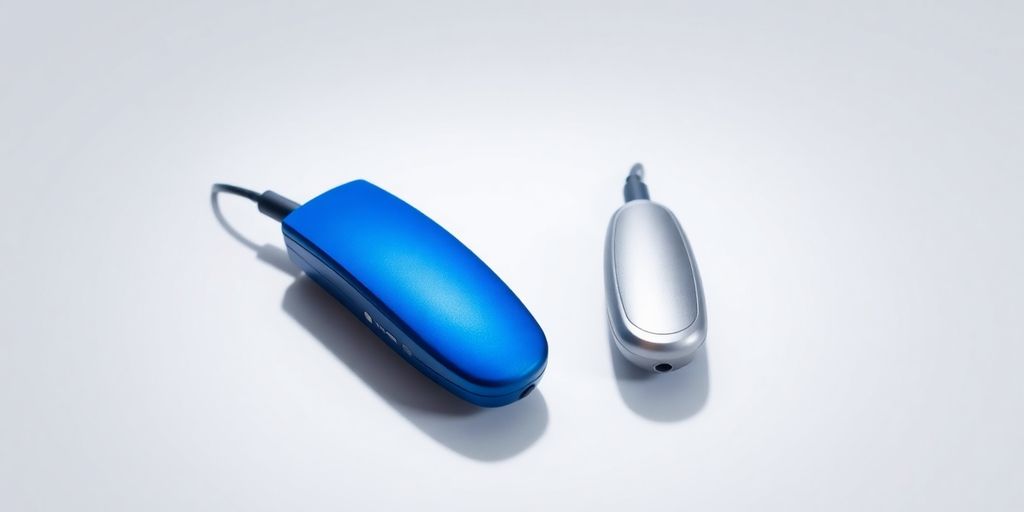 Two devices, blue and silver, against a white background.