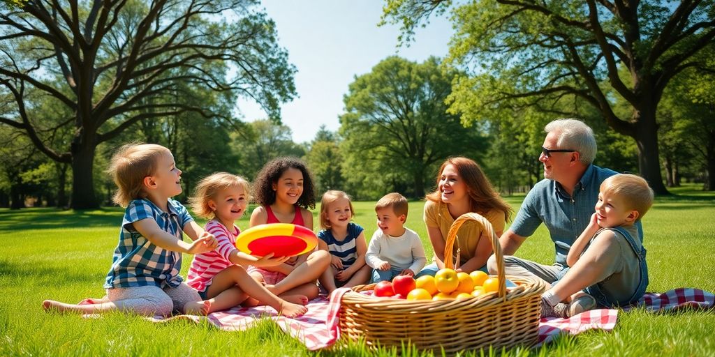Family picnicking in a park, kids laughing, playing.