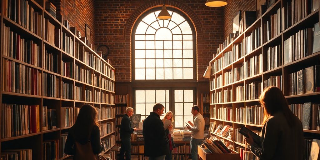 Cozy bookstore with shelves of books.