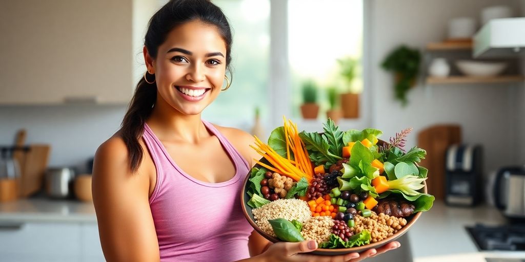 Vegan athlete with healthy, colorful food.