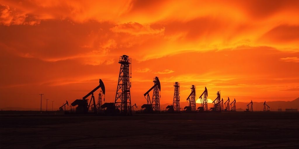 Oil derricks against a fiery, dramatic sky.