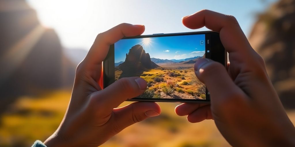 Person holding phone, taking landscape photo.