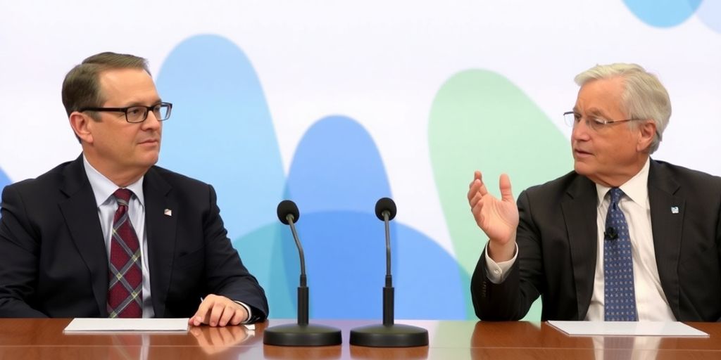 Two intellectuals debating global crises at a conference.