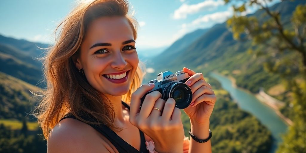 Woman smiling, holding camera, scenic landscape.