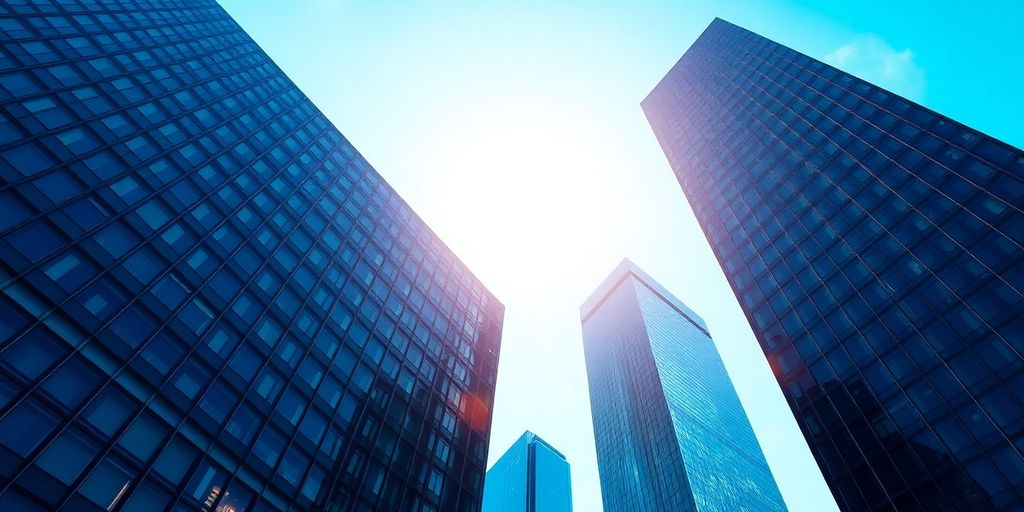 Skyscrapers reaching high into the bright, sunny sky.