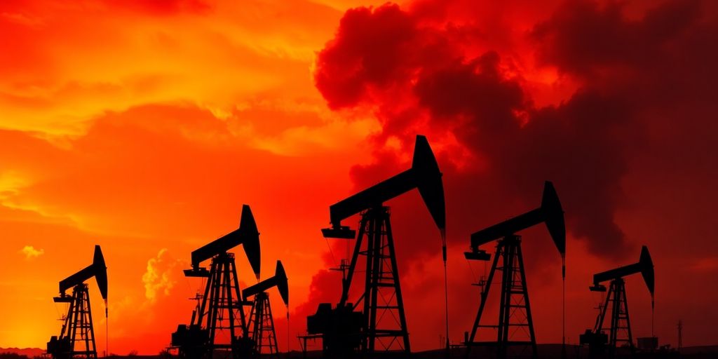Oil derricks against fiery, chaotic sky.