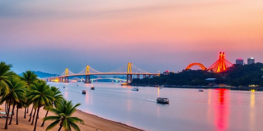 Da Nang beach with city lights.