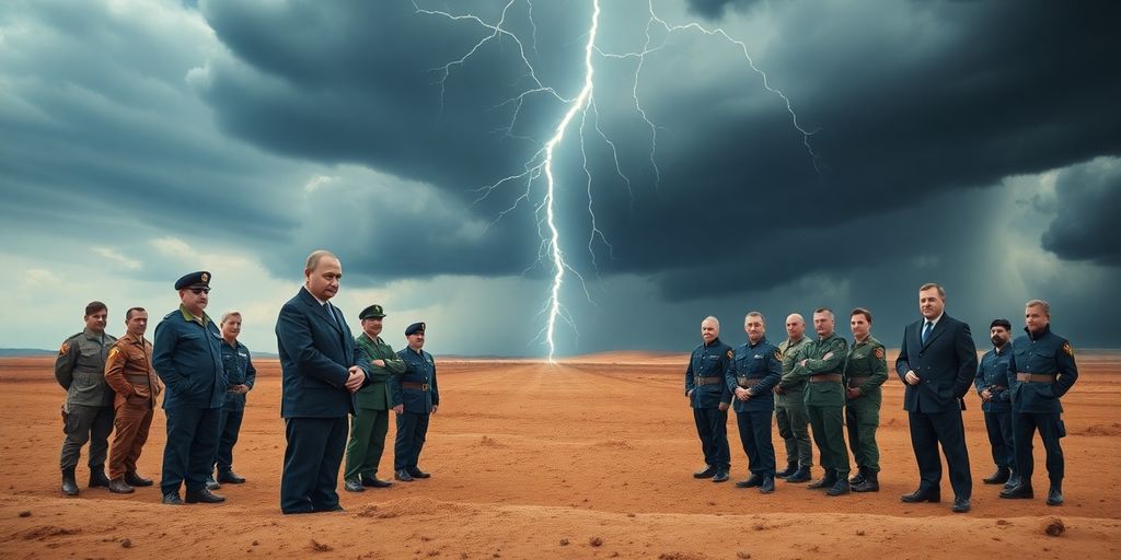 Putin and NATO leaders facing off, stormy sky.