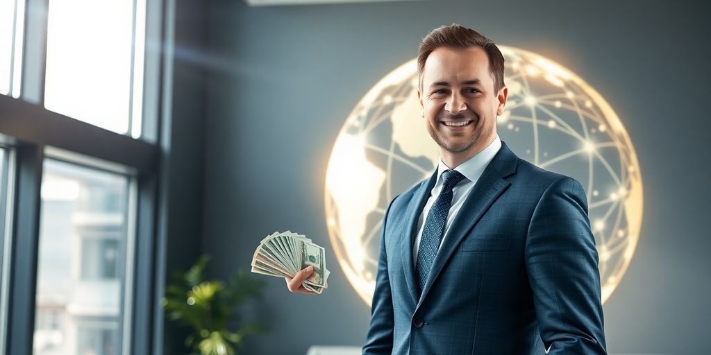 Man smiling, holding cash, digital globe