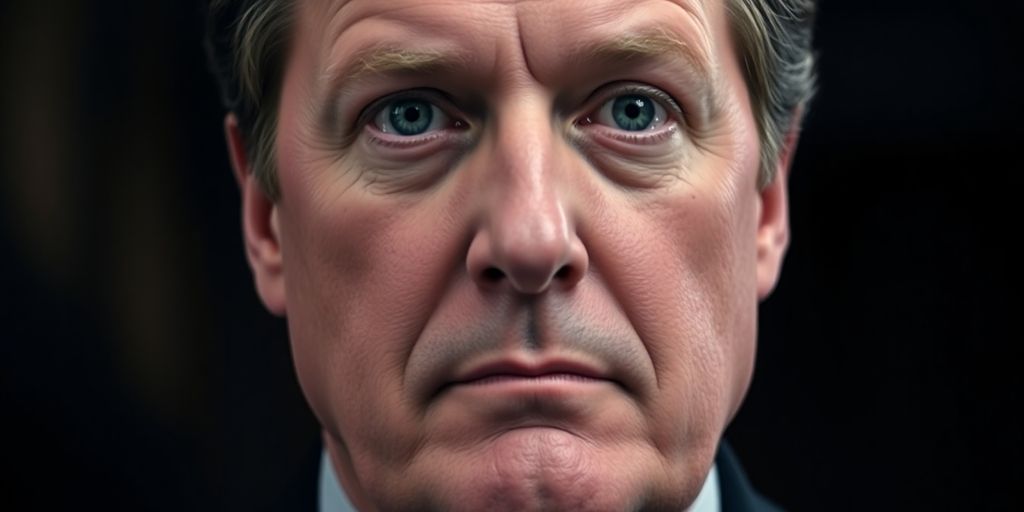Tucker Carlson, serious face, dark background