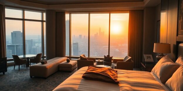 Luxurious hotel suite with city skyline view at sunset.
