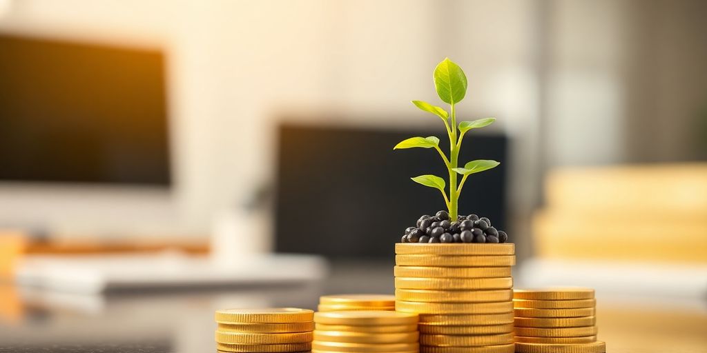 Coins stacked high, growing plant.