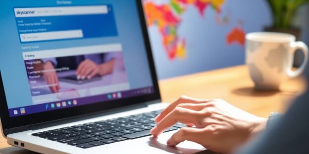 Traveler using Skyscanner on laptop, world map background.