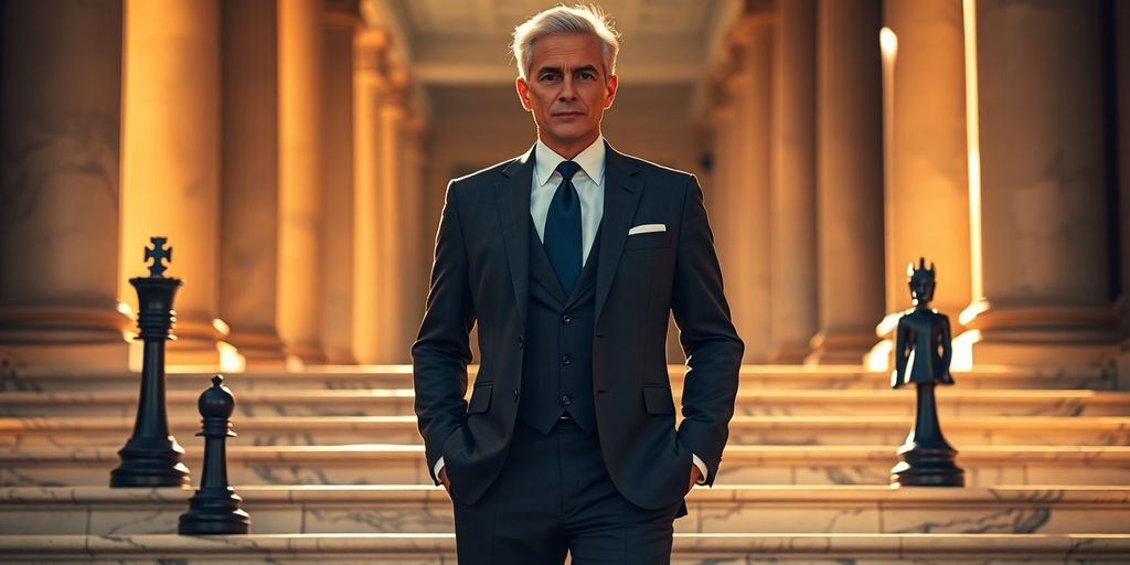 Confident suited figure atop marble steps with golden chess pieces
