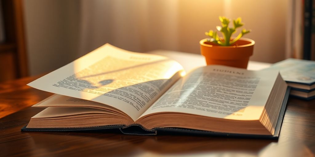 Open book, golden light, growing plant