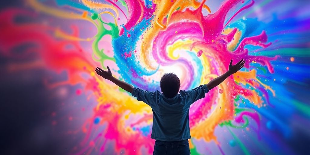 Person embracing a swirling, colorful, cosmic landscape.