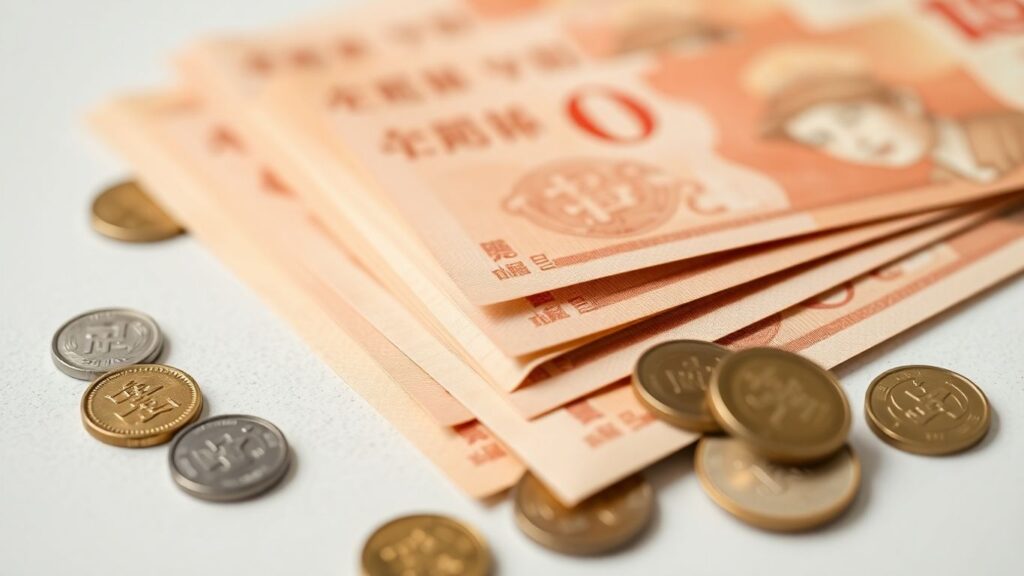 Chinese Yuan banknotes and coins for currency exchange.