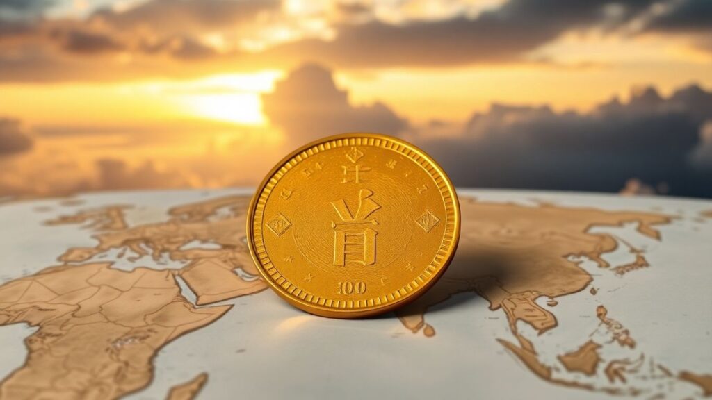 Golden yuan coin on world map, shifting sky.