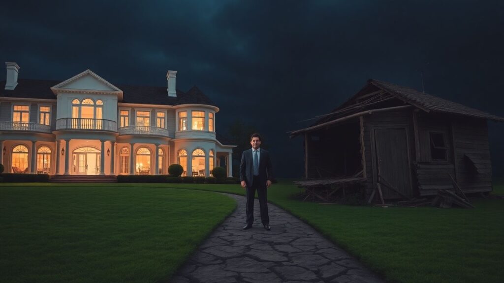 Wealth disparity visual: mansion versus shack.