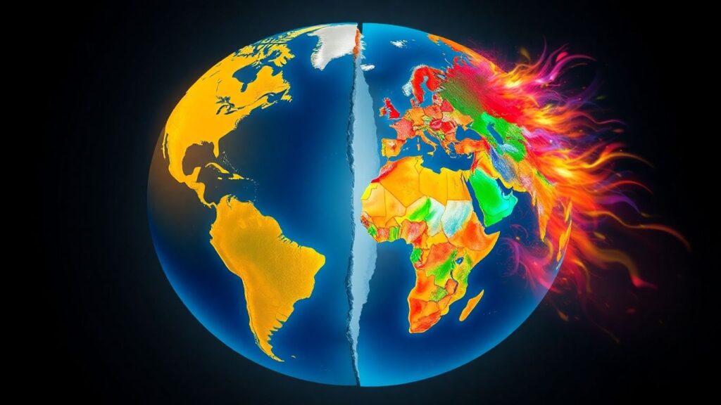 Fractured globe with shifting continents and changing light.