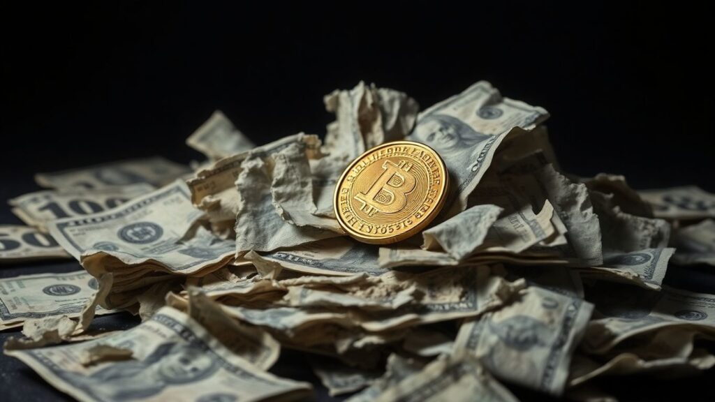 Crumbling fiat money with a gold coin on top.