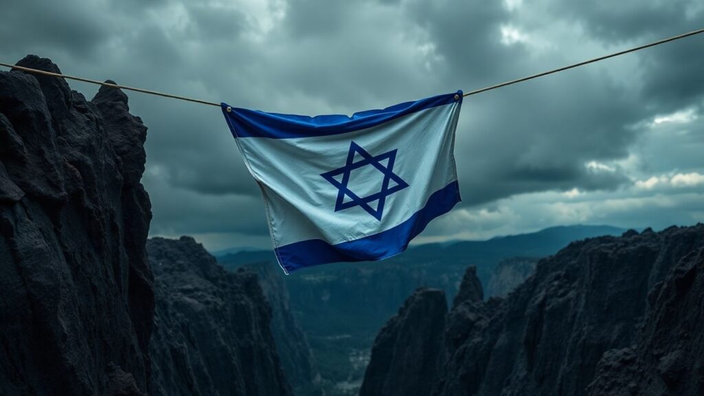Tattered Israeli flag on a tightrope over a chasm.