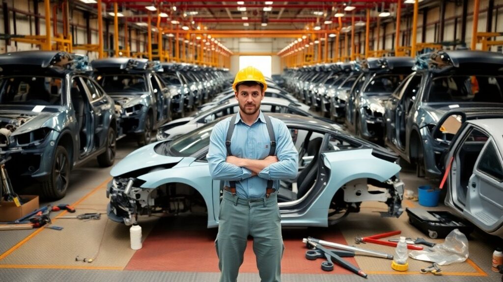 Electric car factory struggling to meet production targets.