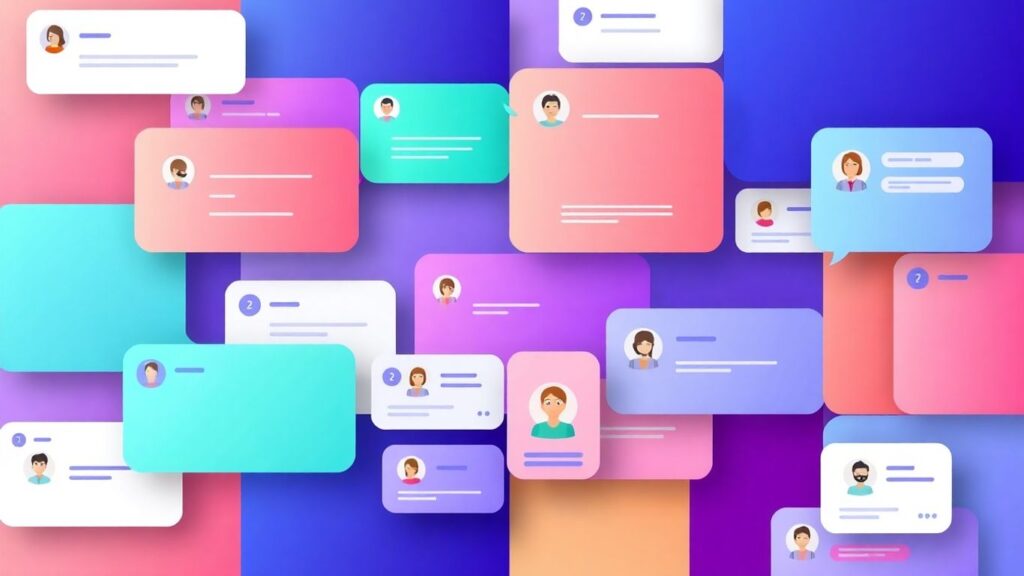 Chatbot interfaces and communication bubbles collage.