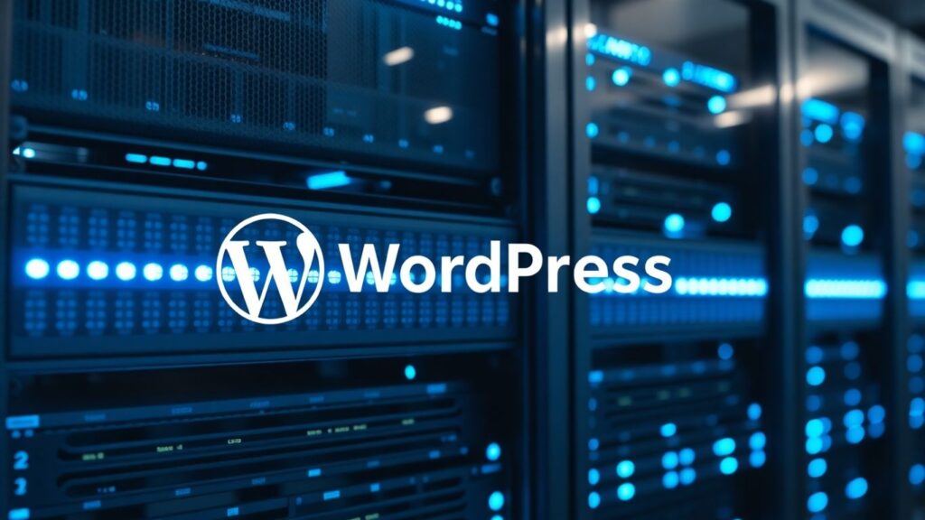 WordPress hosting server rack with glowing lights