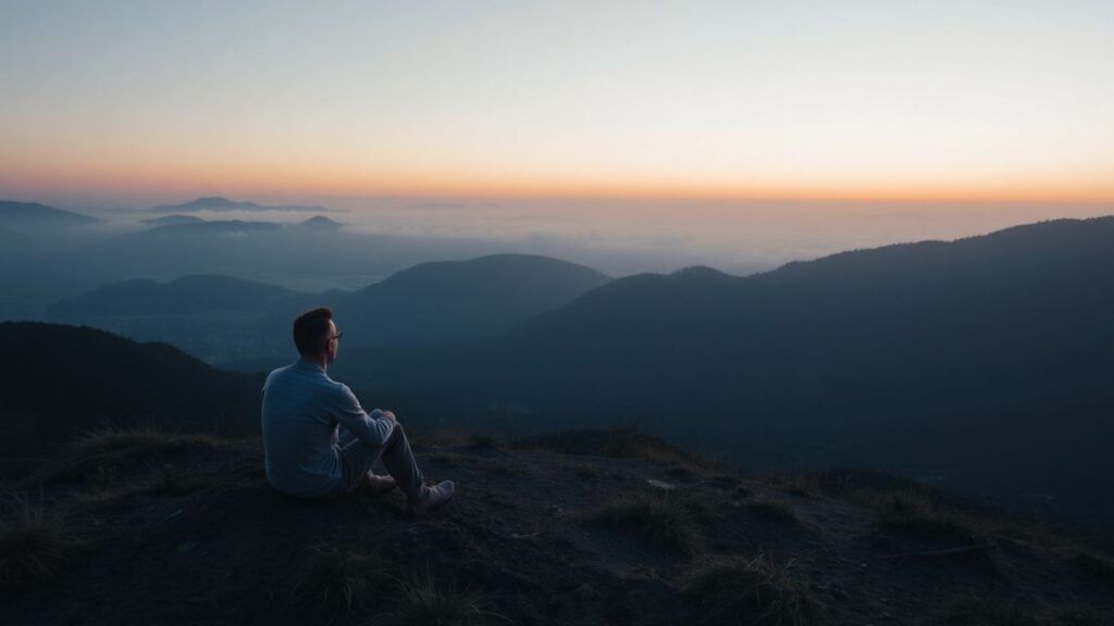 Man sitting peacefully at dawn on a hilltop