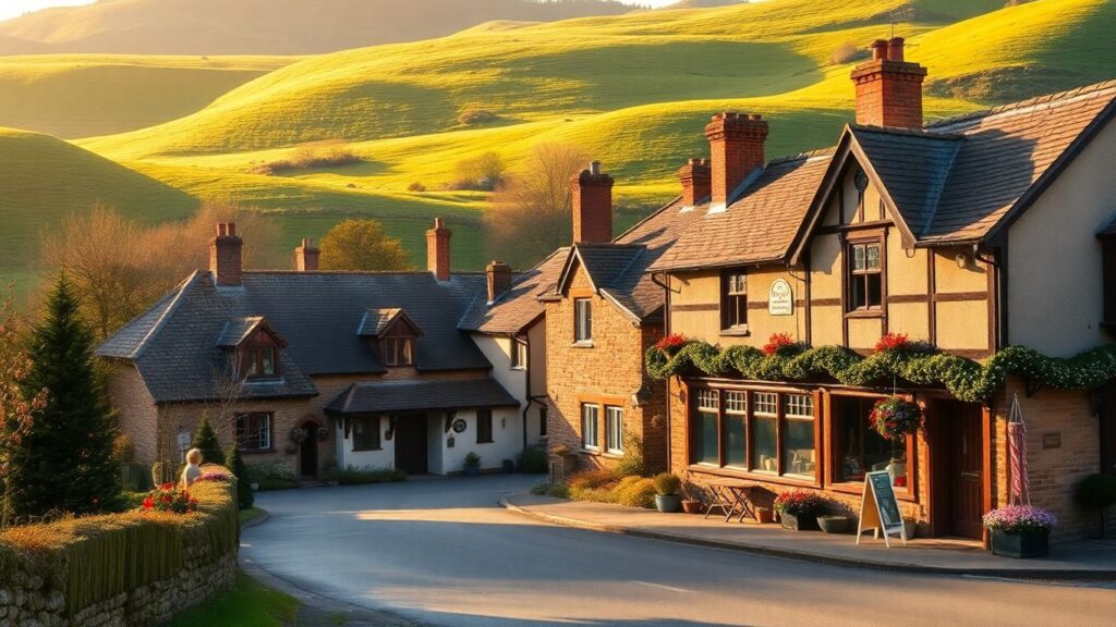 Charming English village with cottages and rolling hills.