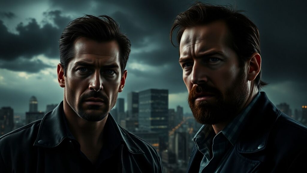 Two men with city background, stormy skies, unrest.