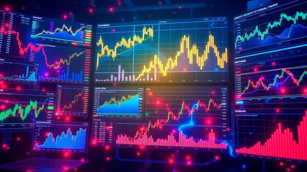 Online trading platforms with financial charts.