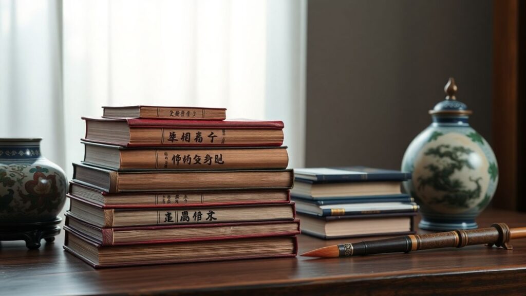 Stack of ancient Chinese books with scholarly atmosphere