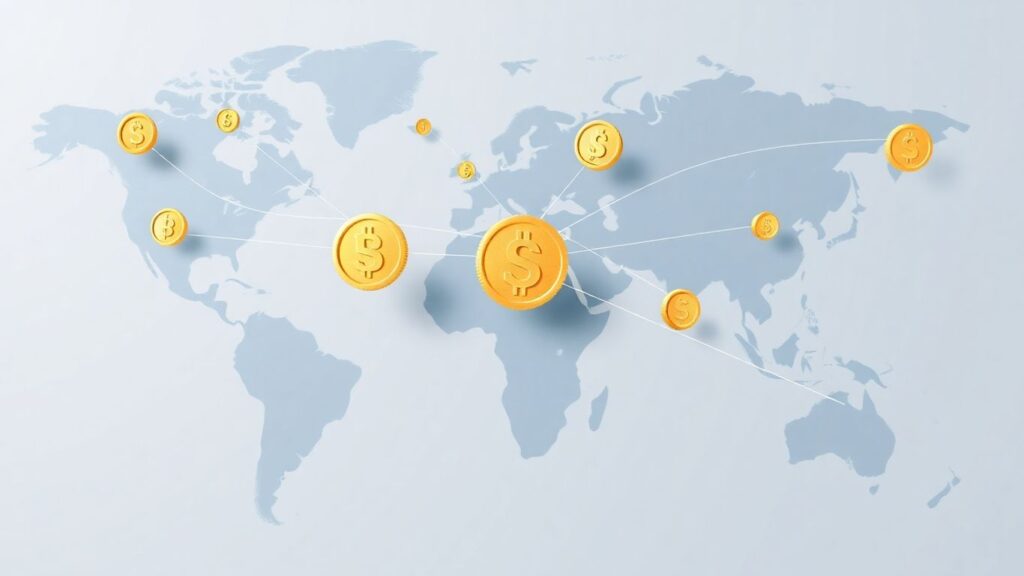 Global financial network with golden coins and currency symbols.
