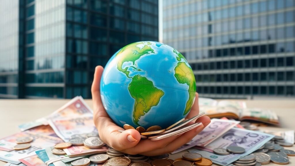 Hand holding globe with money and office buildings