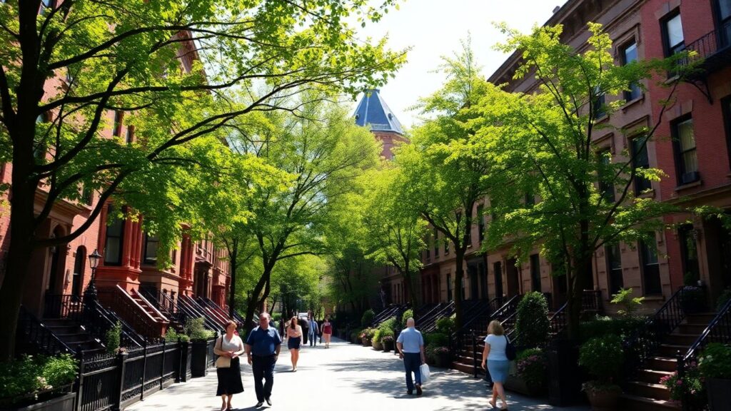 Beautiful New York City street with brownstones and trees.