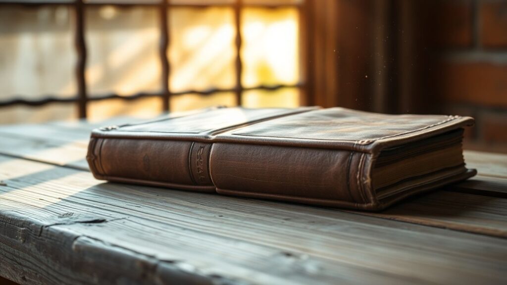 Aged book on a wooden table with sunlight.