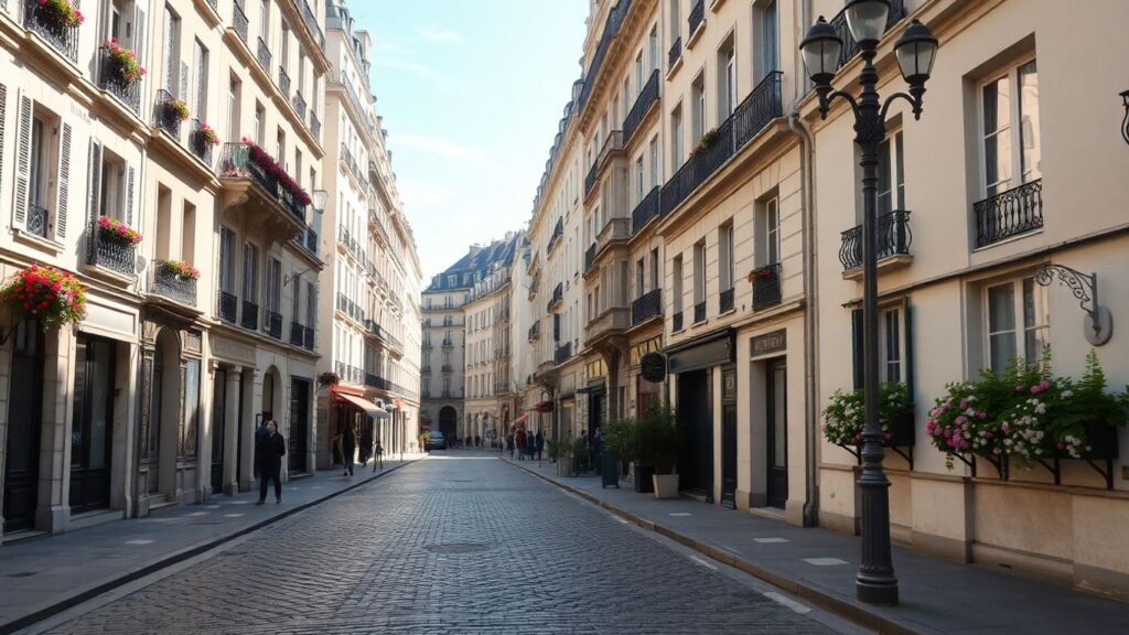Beautiful Parisian street with cobblestones and balconies.