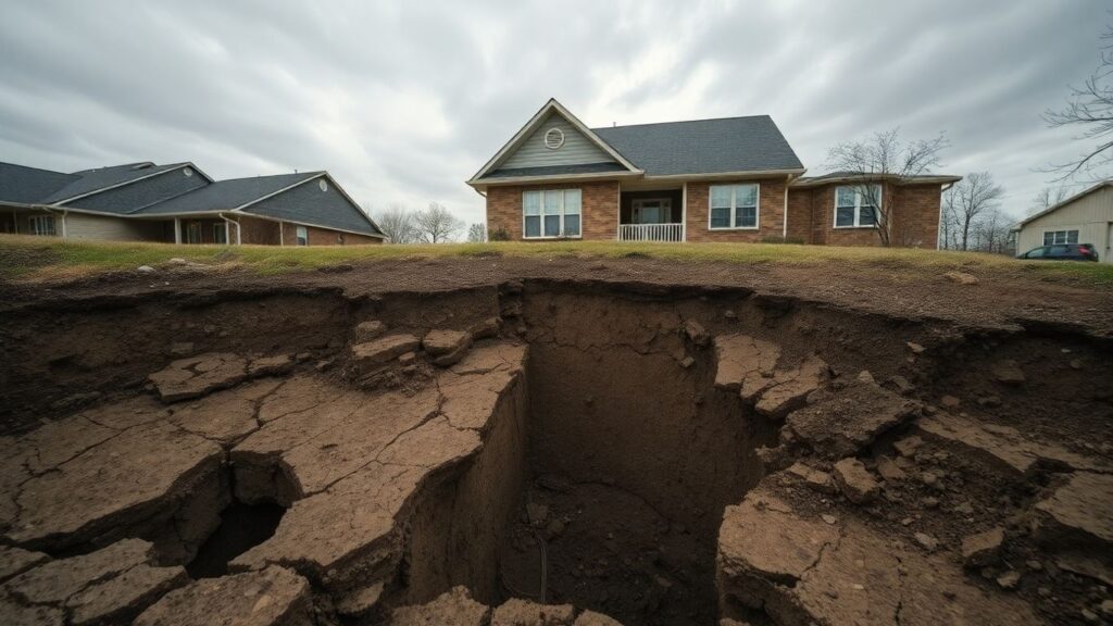 Cracked foundation of a suburban house under a gray sky.