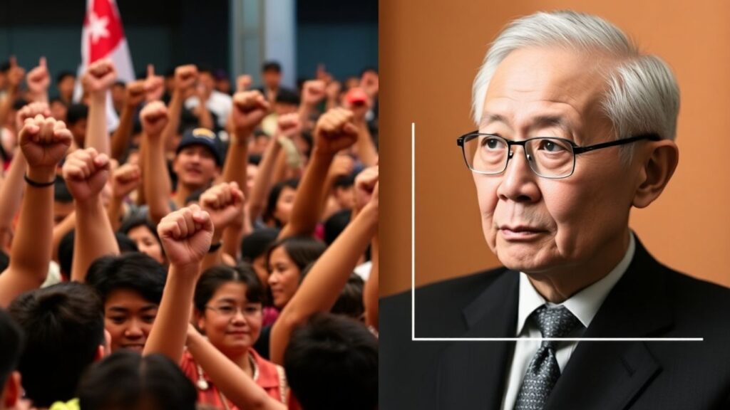 Crowd and Lee Kuan Yew portrait