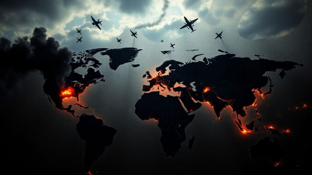 World map fractured by conflict, smoke, and explosions.