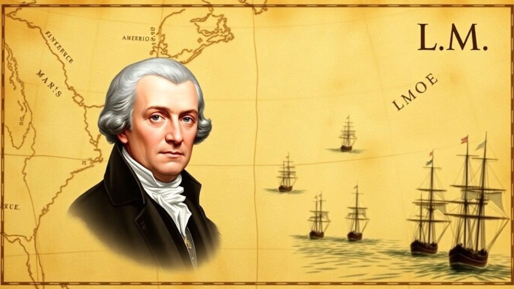Map of Americas with James Monroe portrait and naval fleet.