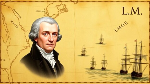 Map of Americas with James Monroe portrait and naval fleet.